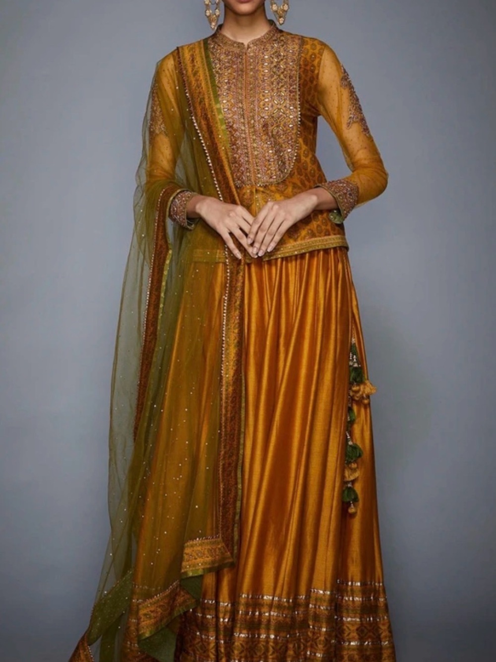 Ritu Kumar Mustard-Green Embroidered Satin Skirt Set